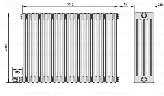 Схема (чертеж) Радиатор Zehnder Charleston 6200/22 №V004 Белый глянцевый RAL 9016